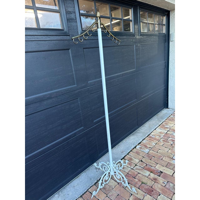 Mid-Century Modern Vintage Brass Garment Stand With Ornate White-Painted Metal Base, 77” For Sale - Image 3 of 11