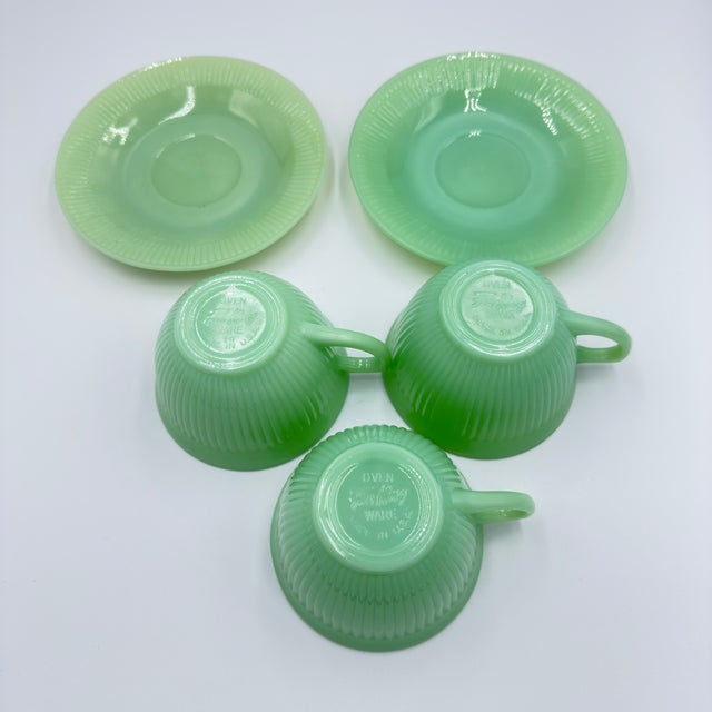 Glass 1940s Fire King Coffee Tea Cup & Saucer Jane Ray JadeIte by Anchor Hocking 5pc Set For Sale - Image 7 of 9