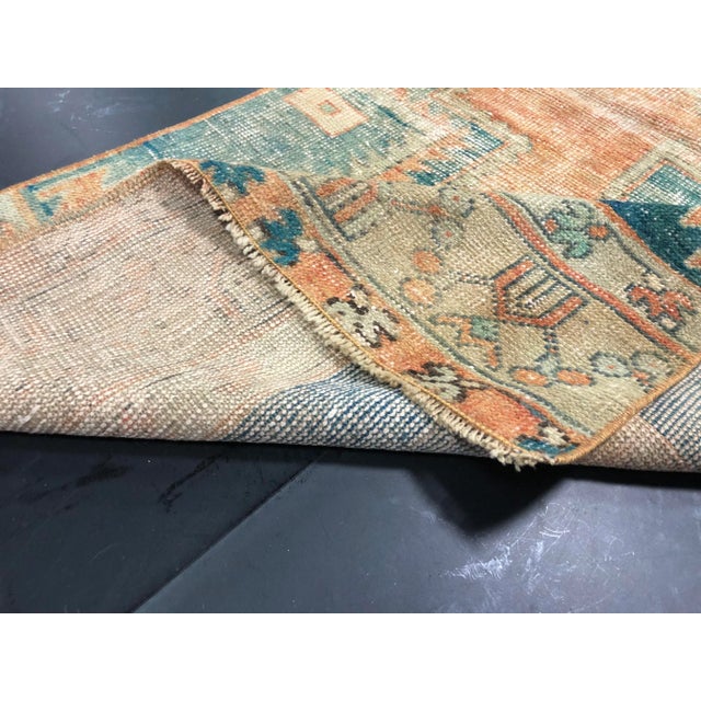 Turkish Oushak Peach and Teal Pastel Handmade Runner Rug - 2′9″ × 11′7″ For Sale - Image 4 of 11