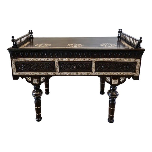 Moorish Style Antique Mother's of Pearl Inlaid Ebonized Carved Wood Library Table Desk in the Manner of Carlo Bugatti For Sale