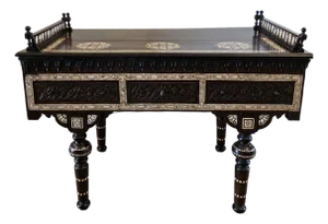 Moorish Style Antique Mother's of Pearl Inlaid Ebonized Carved Wood Library Table Desk in the Manner of Carlo Bugatti