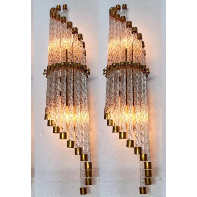 Glass Pair Vintage Art Deco Skyscraper Wall Sconces Fixture in Brass & Ribbed Glass Rod Ship Light For Sale - Image 7 of 7
