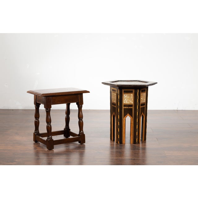 Brown Mid 20th Century Moroccan Midcentury Side Table with Hexagonal Top and Mother-of-Pearl Inlay For Sale - Image 8 of 12