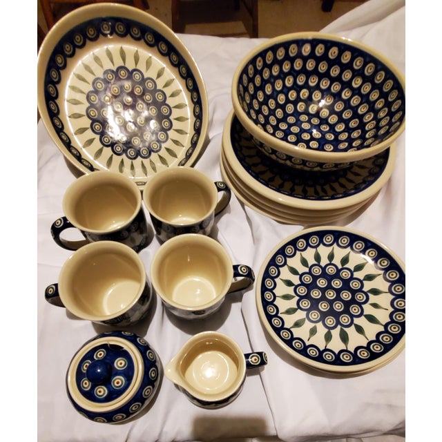 Boleslawiec Polish Pottery Peacock Pattern Dinnerware - 16 Piece Set