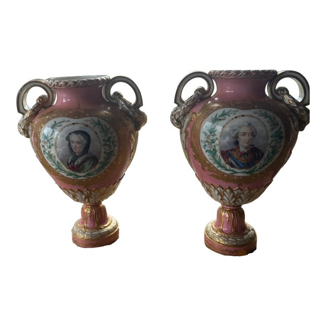 Vintage 19th Century Portrait Vases Hand Painted- a Pair For Sale
