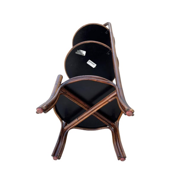 1970s Costal Three Tiered Dark Stained Rattan Shelf w East Asian Motif Tops For Sale - Image 11 of 11