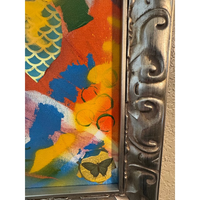 Paint Large Vibrant Abstract Mixed Media Painting on Canvas Ornate Silver Frame Statement Art For Sale - Image 7 of 12