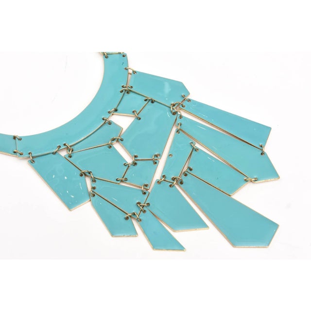 Turquoise Enamel and Gilt Chain Bib Necklace For Sale - Image 4 of 10
