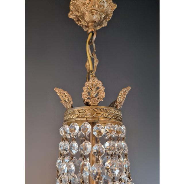 Antique Italian Neoclassical Crystal Chandelier Brass Original Wooden Sockets For Sale - Image 10 of 11