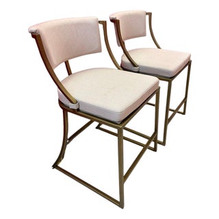 Ballard Designs Allister Upholstered Metal Bar Stools - A Pair For Sale