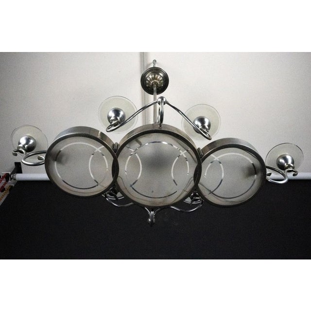 Mid-Century Modern Art Deco Italian Chandelier in Nickel Brass and Frosted Glass, 1930s For Sale - Image 3 of 14