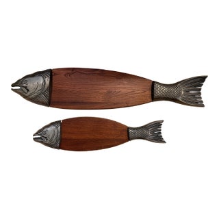 Vintage Mid-Century Modern MCM Fish Metal Wood Wall Art Plaques Platter Sculpture For Sale