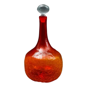 Mid 20th Century Vintage Blenko Tangerine Amberina Crackle Glass Decanter With Stopper