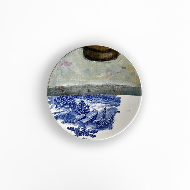 Celadon "Meadow Flowers in Brown Vase" Contemporary Installation of Ceramic Plates and Oil on Canvas - Set of 7 For Sale - Image 8 of 15