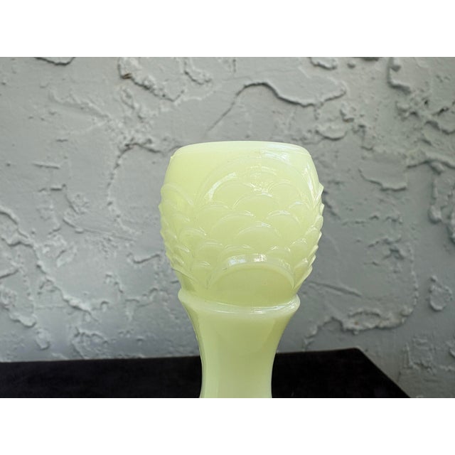 Glass Vintage Fenton Orange Tree Blossom Custard Glass Candlesticks – Pair – Uv Reactive Vaseline Glass For Sale - Image 7 of 10