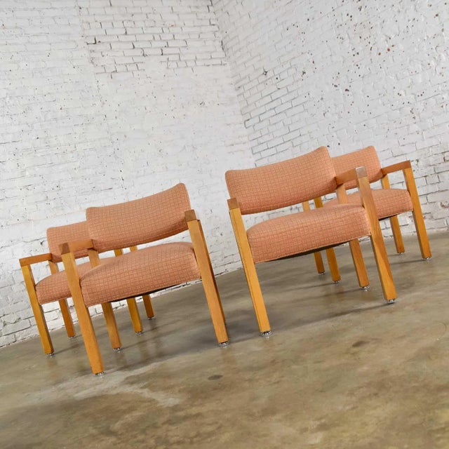 Modern Armchairs Square Frame Oak With Original Blush Textured Fabric, Set of Four For Sale - Image 9 of 13