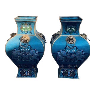 Pair of Monumental Vintage Cloisonné Enamel Fang Zun Vases – Beast Mask & Archaic Motif For Sale