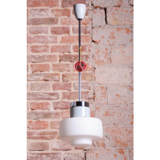 Metal Mid-Century Czech Chrome and Opaline Glass Pendant Light attributed to Lidokov, 1960s For Sale - Image 7 of 12