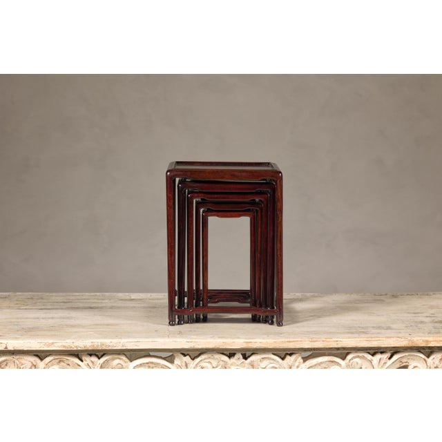 Wood Small Size Rosewood Nesting Tables with Humpback Stretchers - Set of 5 For Sale - Image 7 of 12