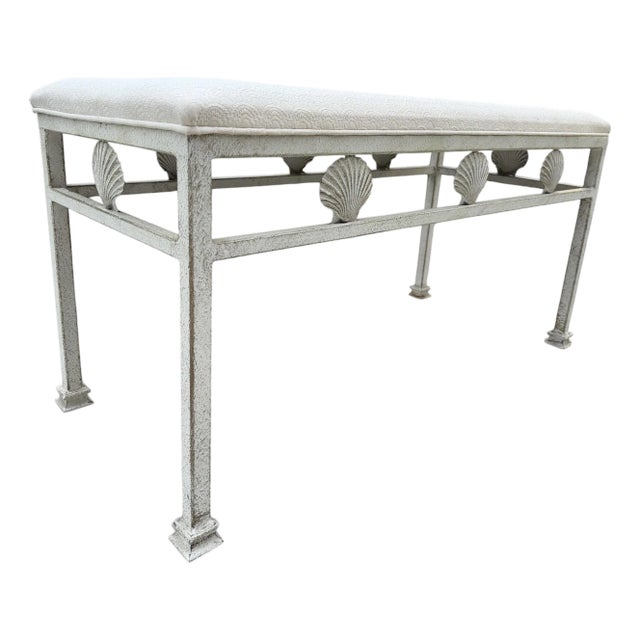 Vintage Palm Beach Scallop Shell Motif Upholstered Bench For Sale