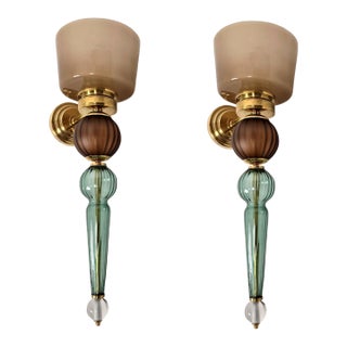 1990s Petrol Blue, Beige Murano Glass Sconces - a Pair For Sale