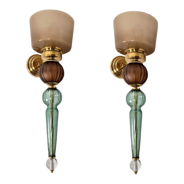 1990s Petrol Blue, Beige Murano Glass Sconces - a Pair For Sale