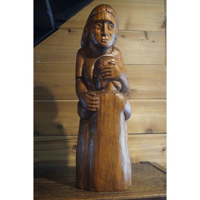 Brown Mid Century Mexican Carved Wood Sculpture Mother and Child For Sale - Image 8 of 13