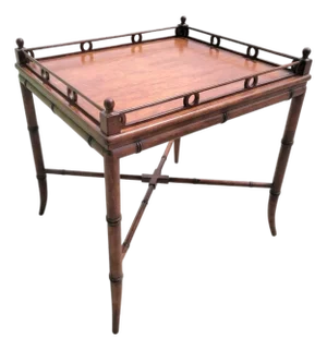 Vintage Faux Bamboo Wood Baker Style Detailed Lip Rectangular Regency Side Table