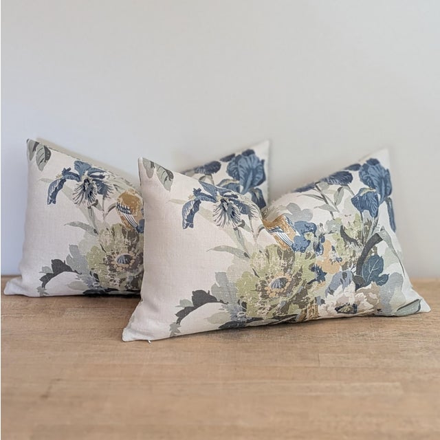 Gp & J Baker Birds & Iris Lumbar Pillows in Soft Teal For Sale In Greensboro - Image 6 of 6