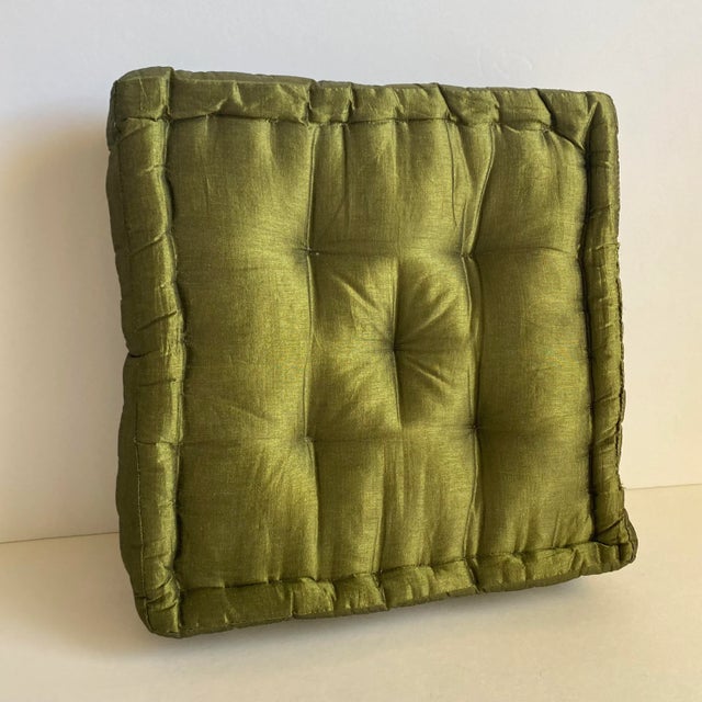 Avocado Mid Century 1960s Silk Dupioni Tufted Pillow Square Avocado Green Throw Cushion For Sale - Image 8 of 8