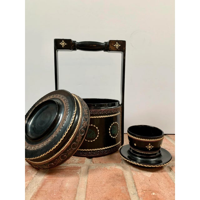 Boho Chic Vintage Burmese Lacquered Tiffin Food Carrier / Stacking Lunch Box For Sale - Image 3 of 12