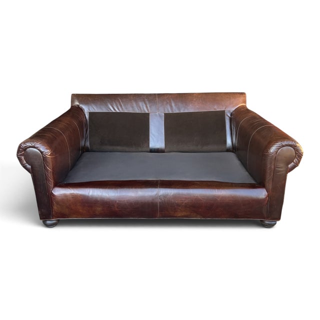 Restoration Hardware Brown Leather Two-Cushion Sofa With Rolled Arms and Bun Feet For Sale - Image 11 of 14