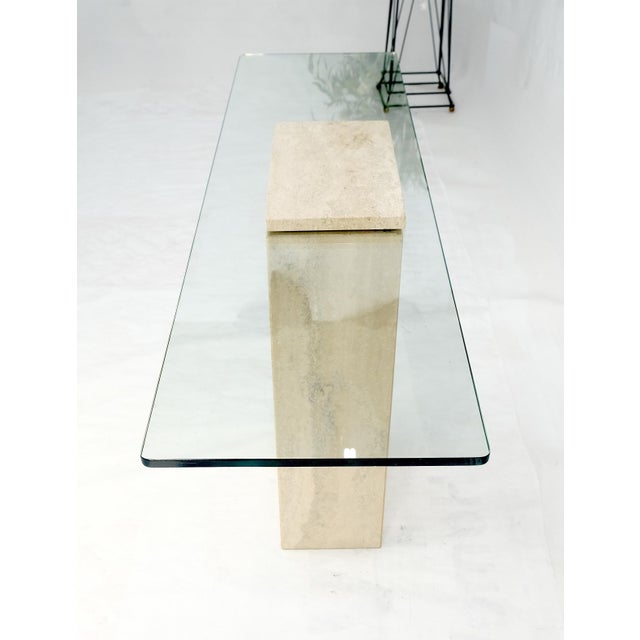 Glass Rectangle Travertine Stone Base Glass Top Italian Console Sofa Table MINT! For Sale - Image 7 of 17