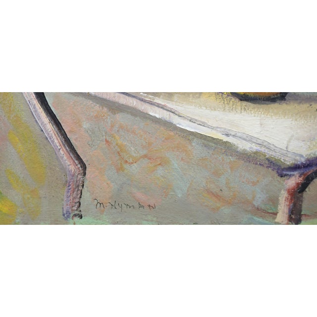 Mid Century Figurative Floral Still-Life With Bouquet, Lemon, & Self Portrait by Marjorie Hyman For Sale - Image 4 of 5