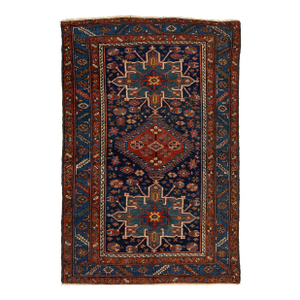Antique Persian Heriz Wool Rug Handmade in Navy Blue With Tribal Design