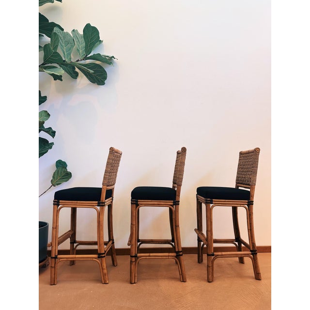 Palecek Late 20th Century Palecek Rattan + Woven Seagrass Stools - Set of 3 For Sale - Image 4 of 9