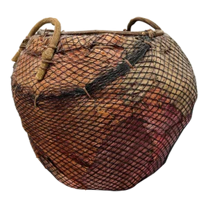 Handmade Natural Fiber and Leaf Basket Wrapped in Fish Net, 1970s