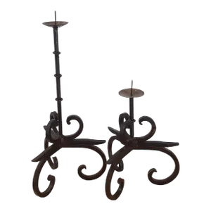 Vintage Mid 20th Century Wrought Iron Scrolled Candle Holders - a Pair