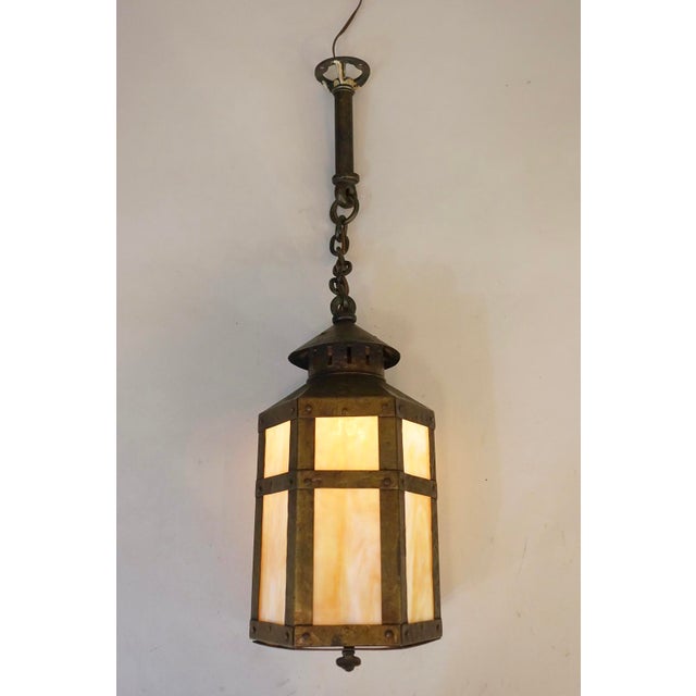 1910s 1910s Arts & Crafts Copper Iron Stained Glass Mission Hexagon Chimney Lantern Hanging Lamp 1910's For Sale - Image 5 of 14