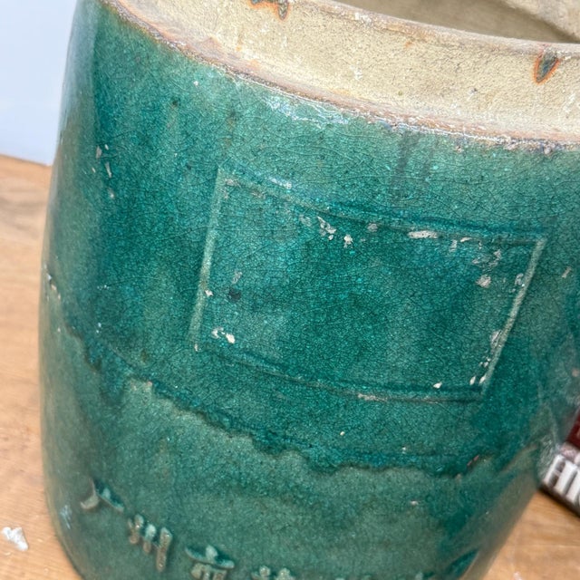 Rustic Round Green Glazed Ceramic Jar with Chinese Markings For Sale - Image 3 of 7