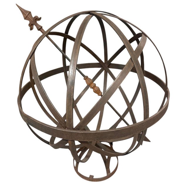 Burnt Umber Vintage Wrought Iron Armillary Sphere on Cast Stone Pedestal For Sale - Image 8 of 12