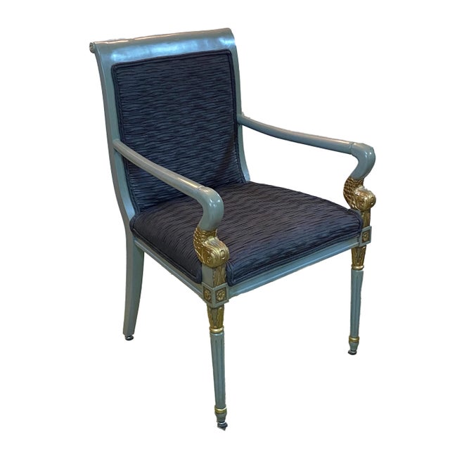 Superb elegant Mid Century solid gray lacquer wood French style Chair upholstered with black silk fabric. Beautifully...