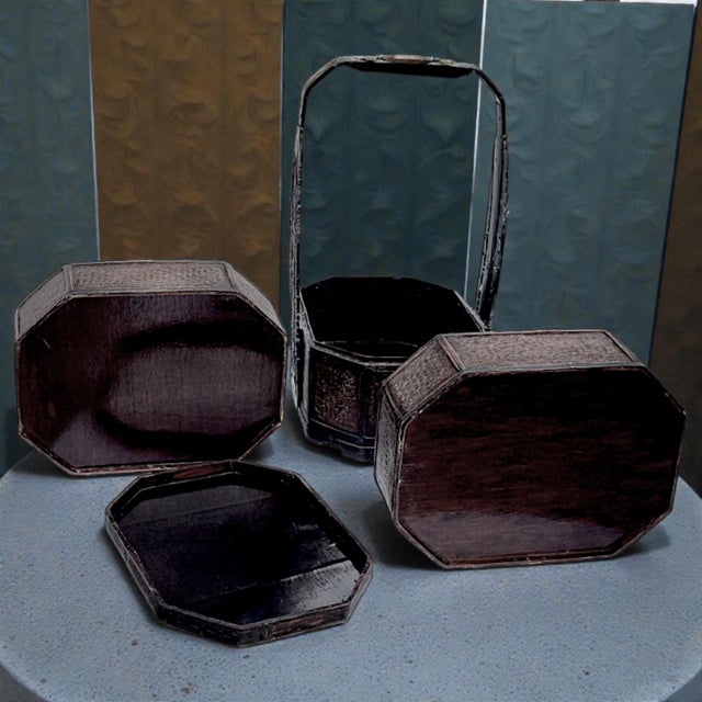 1950's 3 Tiered Octagonal Brass Handled Chinese Wedding Basket For Sale In Palm Springs - Image 6 of 18