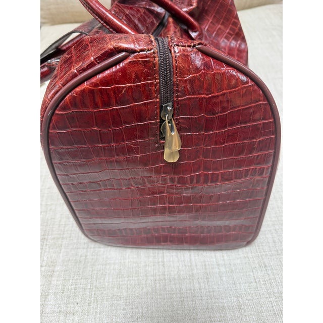 Embossed Crocodile Travel Satchel Bag, Maroon For Sale In San Francisco - Image 6 of 13