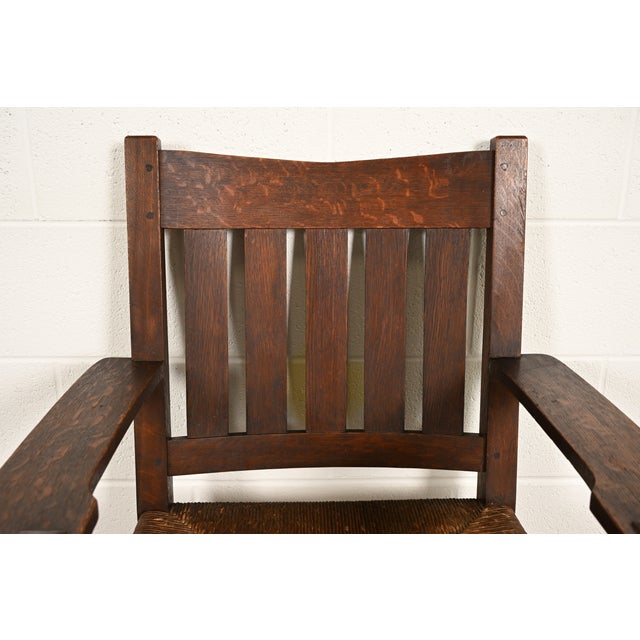 Gustav Stickley Antique Mission Oak Arts & Crafts Armchair With Rush Seat, Circa 1910 For Sale In South Bend - Image 6 of 14
