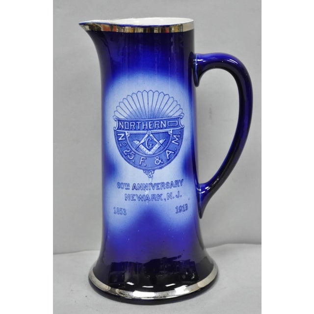 Antique 1913 60th Anni Northern Lodge No. 25 Masonic Cobalt Blue Ceramic Pitcher For Sale - Image 16 of 16