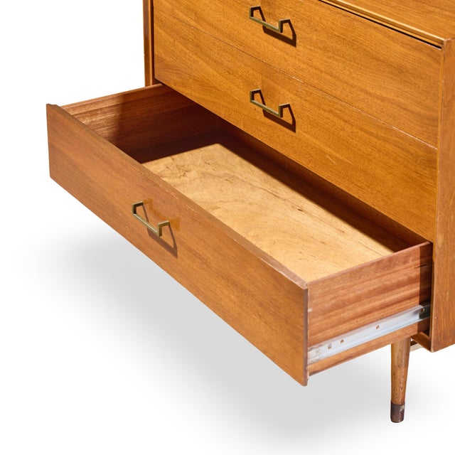 Paul McCobb Style Furnette Mid Century Walnut and Brass Three Drawer Dresser For Sale In Chicago - Image 6 of 7
