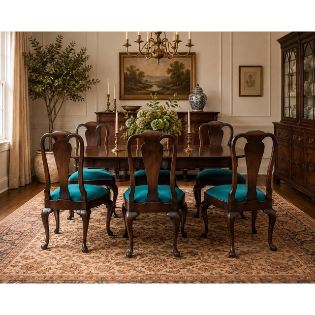 Elevate your dining room with this gorgeous set of six (6) vintage Queen Anne style side chairs. Featuring classic 20th-...