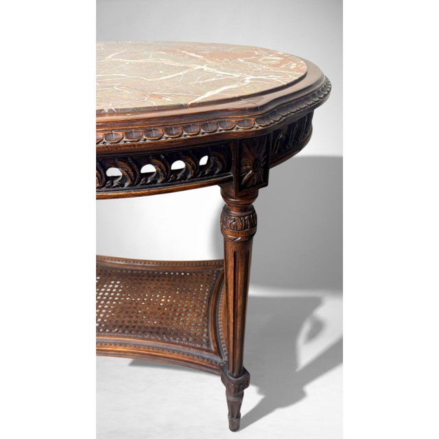 Early 20th Century Neoclassical Italian Walnut Side Table With Marble Top and Vienna Straw Shelf For Sale - Image 9 of 18