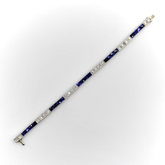 Metal Art Deco Diamond and Sapphire Platinum Line Bracelet For Sale - Image 7 of 10